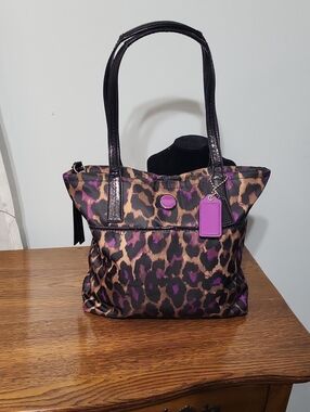 Coach Ocelot Leopard Print Tote Bag with Purple Accents